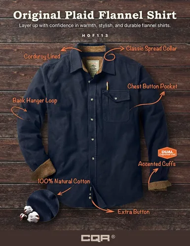 Vista 7 de CQR - Camisa de franela de algodón a cuadros con botones y manga larga para hombre, algodón cepillado suave, camisa de estilo informal