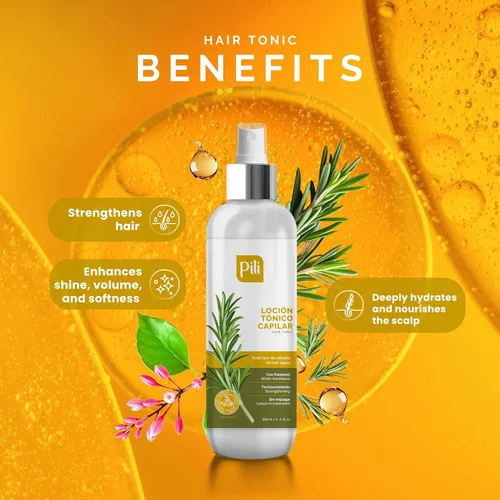 Vista 8 de Pili Natural Hair Tonic contiene extractos de pantenol, romero, quinina, árnica y caléndula que ayudan a fortalecer y nutrir los folículos pilosos