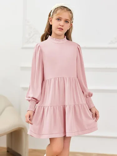 Vista 2 de Meikulo Vestidos de manga larga para niñas, cuello redondo con volantes, color liso, casual, acampanado, por debajo de la rodilla, 7-14 años