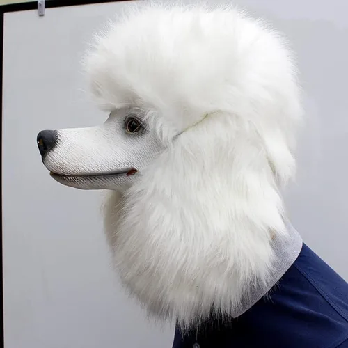 Vista 4 de TABKER Máscara de látex para disfraz de perro caniche blanco de Navidad, Halloween, fiesta, espectáculo, máscara de látex para perro, cabeza