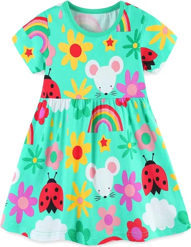 Vista 14 de Bumeex - Vestidos de verano para niñas pequeñas, de algodón, estampado de caricatura, manga corta, vestidos casuales para niñas, vestidos de sol