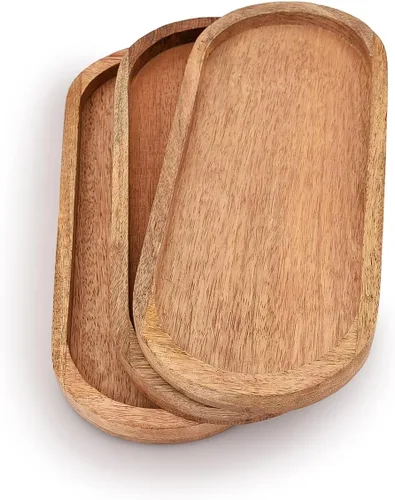 Vista 3 de Samhita Juego de 3 bandejas ovaladas de madera de mango perfectas para soporte de alimentos/barbacoa, servir queso, sushi, aperitivos navideños