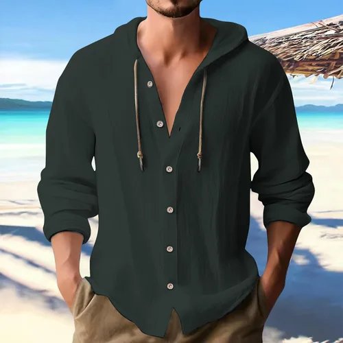 Vista 2 de Camisas de lino para hombre, casual, con botones, de verano, algodón, lino, con capucha, para playa, manga larga, con capucha