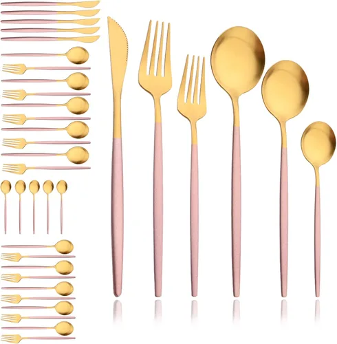 Vista 23 de JASHII Juego de cubiertos mate de 36 piezas con mango plano acabado satinado negro acero inoxidable cubiertos servicio para 6 para cocina casera