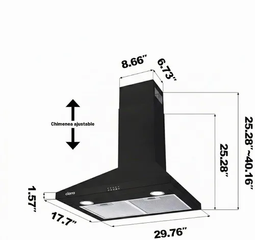 Vista 8 de CIARRA Campana extractora negra de montaje en pared de 30 pulgadas, 550 CFM, campana de ventilación con 2 luces LED para cocina, ventilador de 3