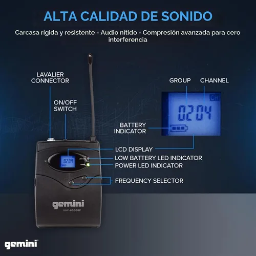 Vista 4 de Gemini Auriculares duales UHF y sistema de micrófono inalámbrico Lavalier (UHF-6200HL) Dual UHF headset & lavalier mics, 512-537.5 MHz - auto SYNC