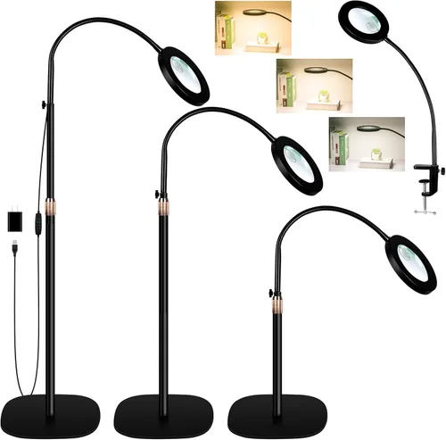 Vista 8 de Lámpara de lupa de 12 aumentos con luz y soporte, lámpara de pie LED de aumento de NUEYiO con atenuación sin escalones de 3 colores, lámpara de lupa