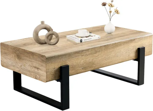 Vista 12 de Mesa de Centro Rectangular de 47.24", Mesa de Centro de Madera con Tablero de 7.8" de Grosor, Patas de Metal, Esquinas Redondeadas para Sala