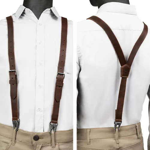 Vista 2 de Hide & Drink Tirantes de cuero para hombre, resistentes tirantes de cuero marrón occidental, pantalones de vestir, jeans, padrinos de boda Bourbon
