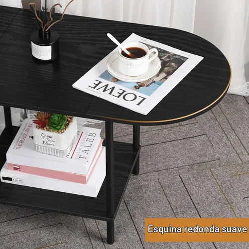 Vista 4 de OYEAL Mesa de Café Negra para Sala de Estar, Mesa Central Pequeña de 2 Niveles Ovalada, Mesa de Té Redonda de Granja de Media Siglo con Estante