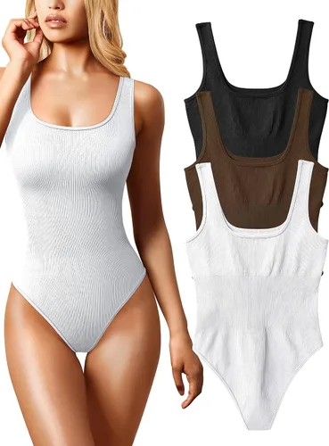 Vista 19 de OQQ Body de 3 piezas para mujer, sexy, acanalado, sin mangas, cuello cuadrado, camiseta sin mangas, leotardo, trajes de moda 2025 negro azul blanco