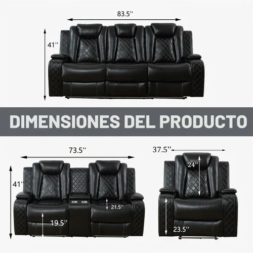 Vista 2 de Juego de sofá reclinable eléctrico, sofás reclinables de cuero negro, 3 piezas de sofá reclinable de cuero de aire y silla de dos plazas con luces