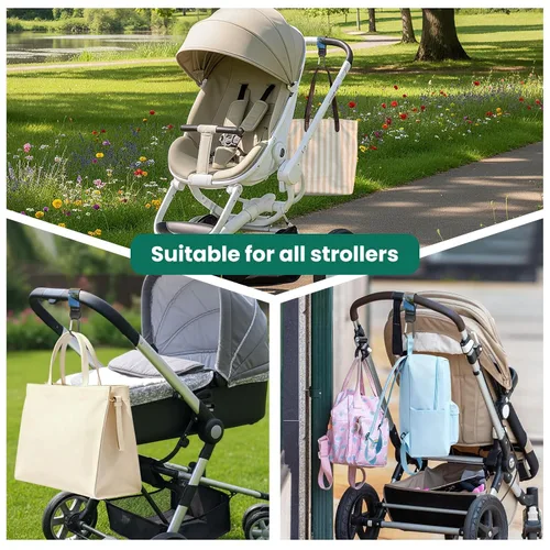 Vista 5 de Correas para cochecito, bolsas de pañales con ganchos para mamá, carrito de compras universal, billetera, mochila - 2 paquetes (playa junto al mar)