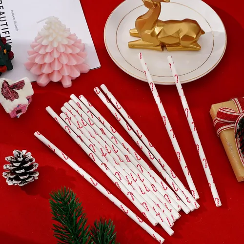 Vista 3 de 100 pajitas de papel de bastón de caramelo de Navidad, color rojo y blanco, para invierno, desechables, para bebidas, decoraciones de cócteles