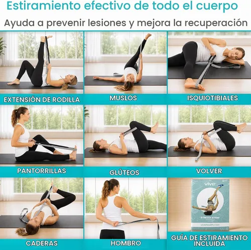 Vista 5 de Vive Correa elástica – Banda elástica de piernas para mejorar la flexibilidad – Correa de yoga elástica – Cinturón de ejercicio y terapia física Gris