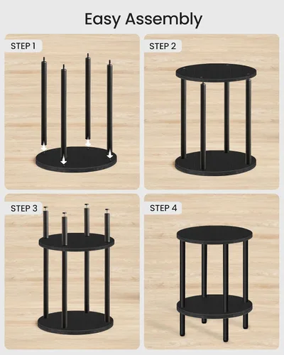 Vista 5 de CHOEZON Mesa auxiliar redonda, mesa auxiliar de 2 niveles, mesita de noche redonda pequeña con tubo de metal resistente, mesa auxiliar circular Negro