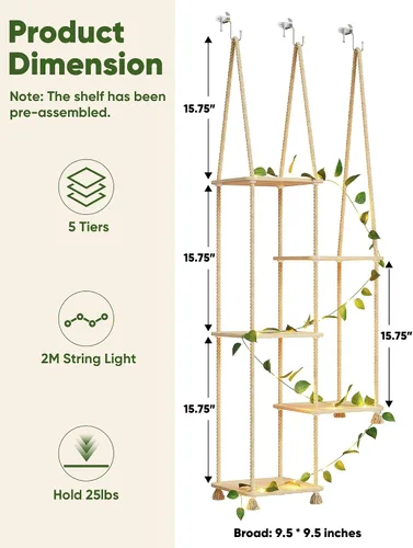 Vista 6 de ROSSNY Estante para plantas con tira de guirnalda LED de vid, estantes para plantas de ventana de 5 niveles, soporte para plantas colgante y montado