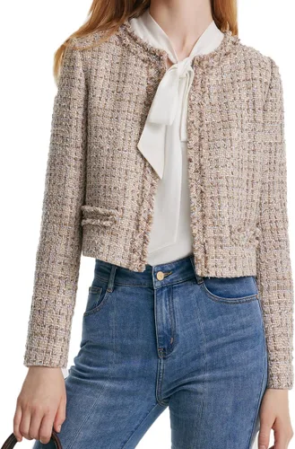 Vista 3 de GOELIA Tweed Cropped Blazer Jacket for Women 2023 Open Front Long Sleeve Slim Fit Business Casual Blazer