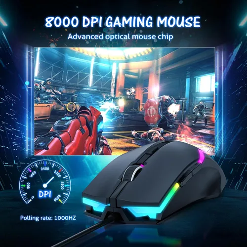 Vista 2 de WEEMSBOX Mouse para juegos con cable ratones de computadora con 7 modos retroiluminados RGB mouse de computadora gamer 8000 DPI ajustables - 6