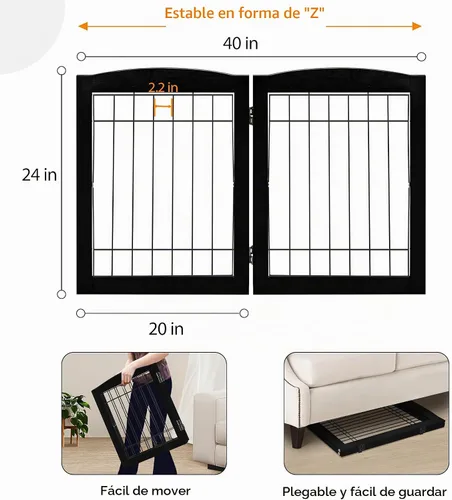 Vista 5 de LZRS Puerta plegable independiente de madera para perros de 2 paneles, madera maciza y alambre de acero, barrera para mascotas resistente a las Negro