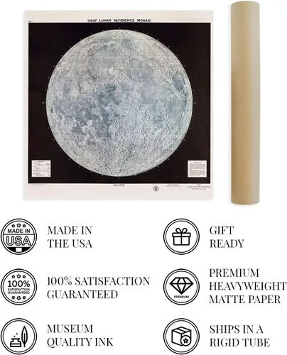 Vista 4 de HISTORIX Póster vintage de mapa lunar de 1966, mapa lunar de 16 x 16 pulgadas, póster lunar con tabla de datos, impresión del mapa de pared lunar