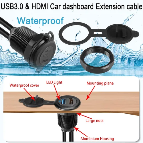 Vista 4 de QIANRENON USB3.0 y HDMI - Cable impermeable para automóvil, USB3.0+HDMI 1.4 roscado, cable de extensión de datos de montaje fijo, luz LED, carcasa