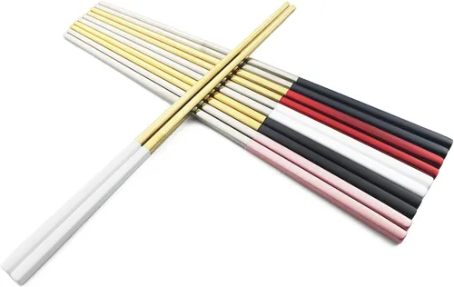 Vista 9 de JASHII 5 pares de palillos de acero inoxidable 304, palillos reutilizables, palillos de metal ligeros para fideos de sushi, 9 pulgadas (negro dorado)