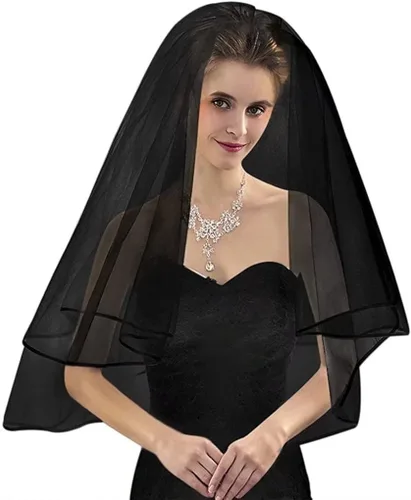 Vista 5 de CENAST Velos cortos de boda para mujer con peine de 3 niveles para Halloween, tul velo de novia
