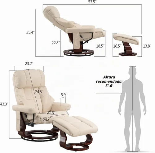 Vista 3 de MCombo Sillón reclinable manual giratorio con otomano, silla reclinable con masaje de vibración para espacios pequeños, sala de estar, oficina, piel