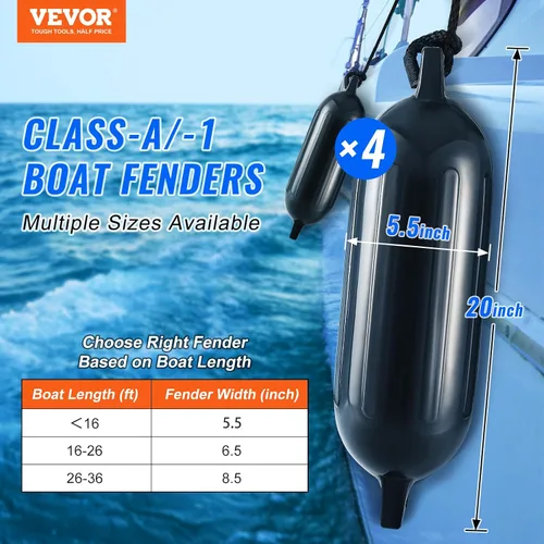 Vista 2 de VEVOR Boat Fenders, 5.5" x 20" Boat Bumpers for Docking, Inflatable Ribbed Fender with Center Holes, Marine Boat Dock Fender Bumper with Air Pump