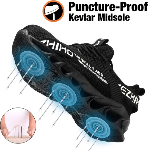 Vista 3 de Kezhiho Zapatos de punta de acero para hombre, ligeros, cómodos, transpirables, zapatos de trabajo a prueba de pinchazos, antideslizantes, a