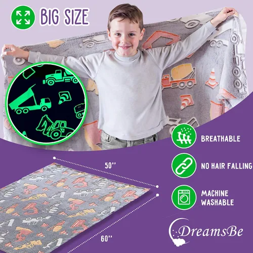 Vista 3 de Manta de camión de construcción que brilla en la oscuridad, manta luminosa de tractor para niños, manta de excavadora de camión volquete de felpa