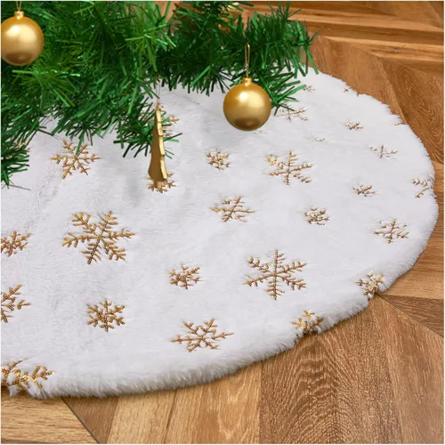 Vista 11 de Falda de árbol de copos de nieve de oro rosa de 24 pulgadas, faldas de árbol de piel sintética blanca, mini faldas de árbol de Navidad, tapete