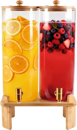 Vista 8 de Paquete de 2 dispensadores de bebidas de vidrio de 1.5 galones para fiestas, dispensador de bebidas con soporte de madera, dispensadores de agua