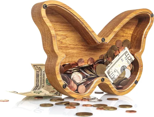 Vista 6 de BUTTERFLY - Alcancía para niños y niñas, caja de dinero personalizada para niños, ahorro de monedas de madera, idea de regalo perfecta