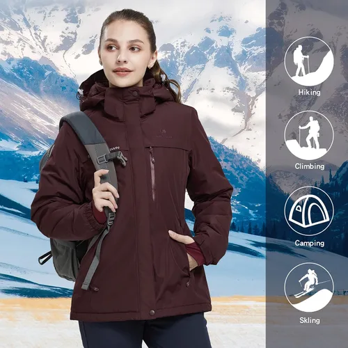 Vista 26 de CAMEL CROWN - Chamarra de esquí para mujer, impermeable, con capucha desmontable, rompevientos, forro polar, parka para lluvia