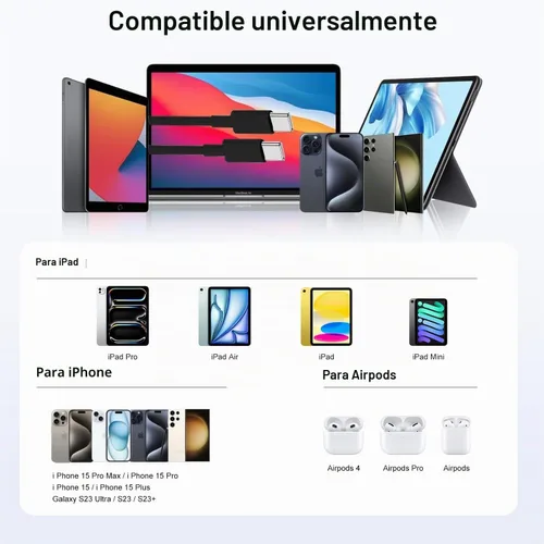 Vista 7 de Hzevn Cable de carga USB C de 60 W para MacBook Pro/Air y iPhone 16/15 Pro Max, certificado MFi 20V/3A, cable de carga súper rápido de 6 pies + 10
