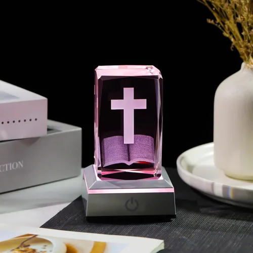 Vista 6 de YWHL Figura de Cruz de Cristal 3D con Base de Luz Colorida, Grabada Láser, Regalos Religiosos Bíblicos para Mujeres y Hombres, Decoración Cristiana