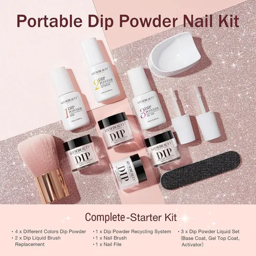 Vista 6 de Azurebeauty - Kit de iniciación de uñas en polvo de inmersión, 4 colores, purpurina de piel desnuda para todas las estaciones, juego de polvo