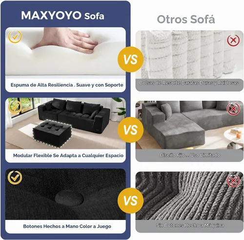Vista 6 de MAXYOYO - Sofá modular modular en forma de L, sofá de nube sin hueso con otomana flexible, tapizado de felpilla para sala de estar, no requiere Negro