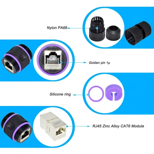 Vista 3 de Y.D.F Acoplador RJ45 impermeable IP68, acoplador Ethernet de cobre puro blindado, acoplador Gigabit IP68 impermeable Ethernet al aire libre conector