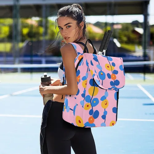 Vista 7 de Mochila de tenis para adultos, transpirable, flores azules y naranjas, rosa, 2 raquetas, bolsa con almohadilla protectora para mujeres, hombres