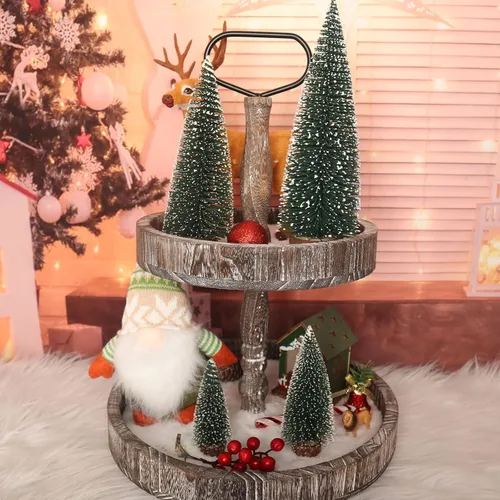 Vista 3 de Árbol de Navidad pequeño, mini árbol de Navidad, mini árbol de pino, árboles falsos con base de madera para decoración de mesa (verde planta)