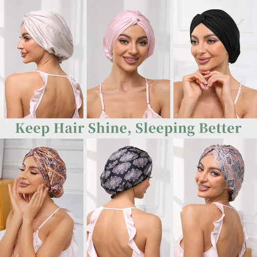 Vista 60 de Gorro de satén de seda ajustable para envolver el cabello para dormir, gorro de dormir de doble capa, turbante nocturno para cabello largo y rizado