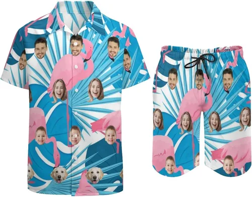 Vista 3 de Conjunto de camisa hawaiana personalizada para hombre, camisa de manga corta con botones y pantalones cortos, conjuntos casuales de vacaciones