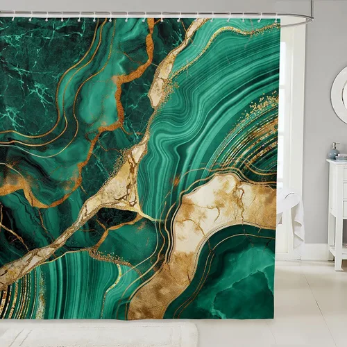 Vista 9 de Erosebridal Cortina de ducha de mármol negro, 72 pulgadas de ancho x 72 pulgadas de largo, juego de baño con grietas doradas, tela de textura