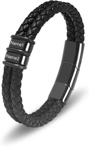 Vista 22 de Pulsera personalizada para hombre con cuentas de nombre personalizadas, pulsera de cuero trenzado personalizada grabada con 2-6 nombres