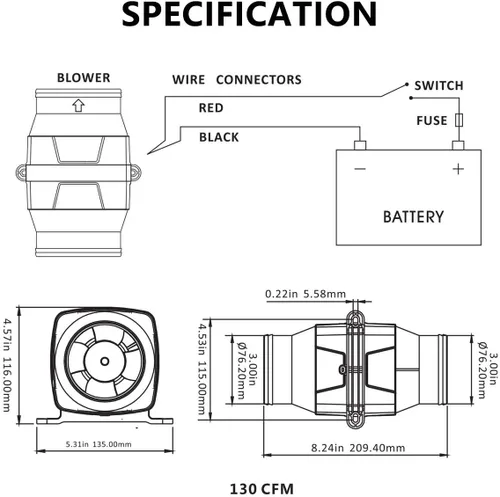 Vista 6 de Yaegoo Marine Boat - Soplador de aire de sentina en línea de 3" DC 12V 130 CFM
