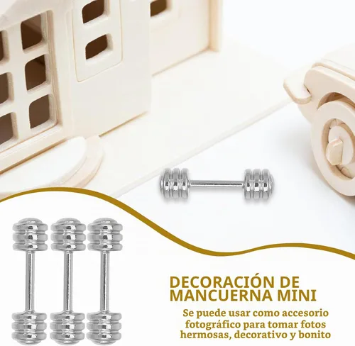 Vista 9 de Veemoon Decoración de mancuernas en miniatura, 5 piezas, equipo de gimnasio para casa de muñecas, mini mancuernas de acero inoxidable, decoración a