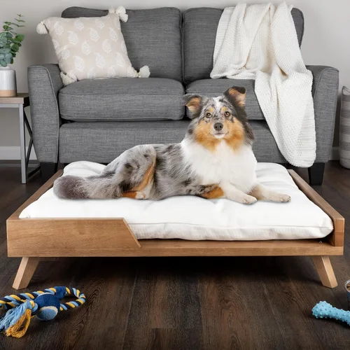 Vista 6 de PETMAKER - Cama elevada para perros, cama interior para mascotas de 36 x 29.5 pulgadas con marco y cojín suave, cama para perros de madera moderna